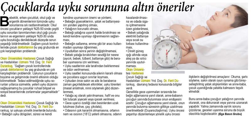 05.10.2017  Sağlık Gazetesi  ÇOCUKLARDA UYKU SORUNUNA ALTIN ÖNERİLER 