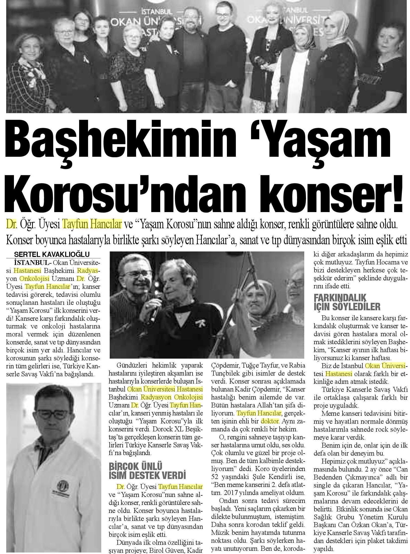 06.04.2019 Bizim Anadolu Gazetesi BAŞHEKİMİN YAŞAM KORUSU'NDAN KONSER!