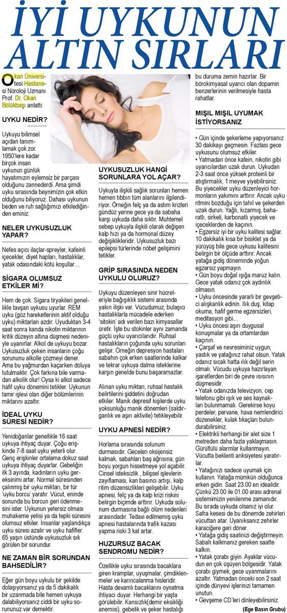 09.08.2017 Sağlık Gazetesi İYİ UYKUNUN ALTIN SIRLARI
