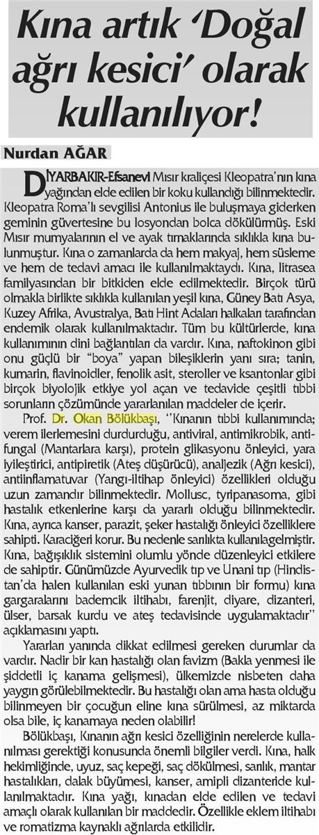 10.09.2017  Diyarbakır Söz  KINA ARTIK' DOĞAL AĞRI KESİCİ' OLARAK KULLANILIYOR! 