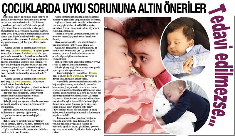 13.09.2017  Damla Gazetesi  ÇOCUKLARDA UYKU SORUNUNA ALTIN ÖNERİLER 