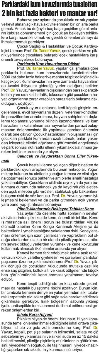 14.07.2017  Antalya Ekonomi Gazetesi  PARKLARDAKİ KUM HAVUZLARINDA METTEN2 BİN KAT FAZLA BAKTERİ VE MANTAR VAR! 