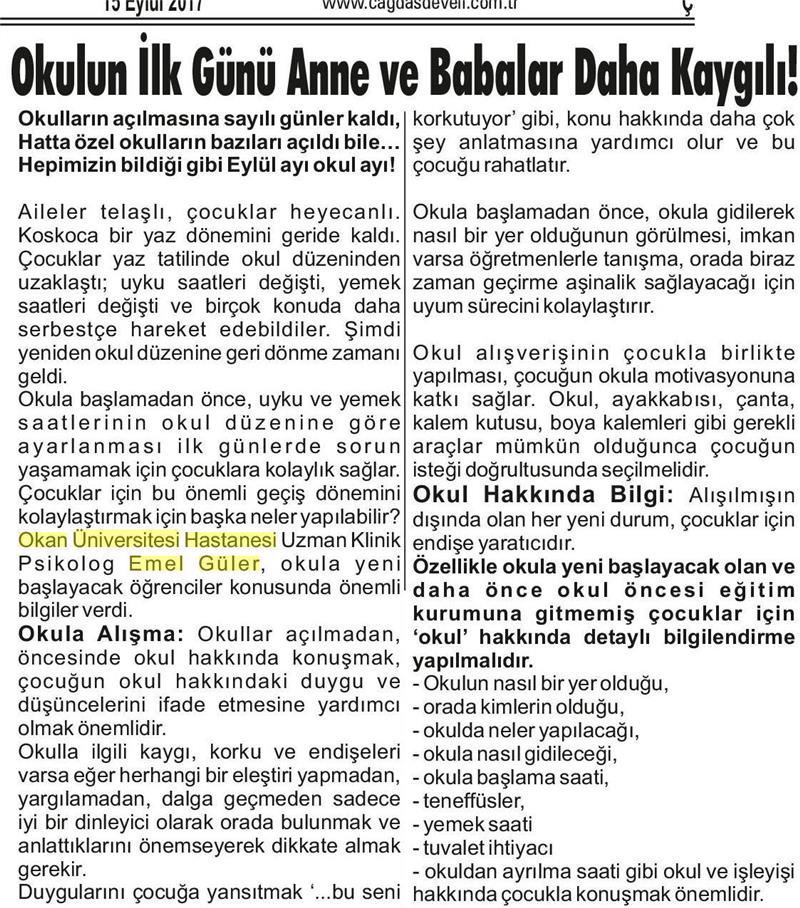 15.09.2017  Çağdaş Develi Gazetesi  OKULUN İLK GÜNÜ ANNE 