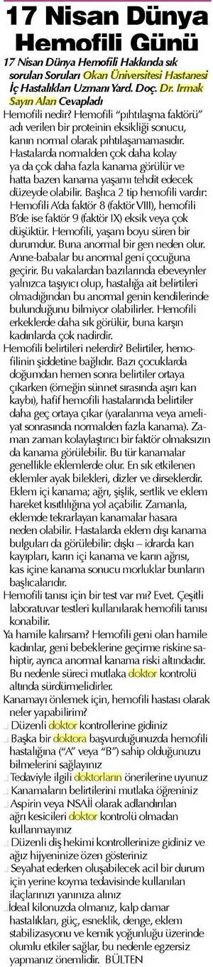 19.04.2017	Gaziantep Sabah Gazetesi - 17 Nisan Dünya Hemofili Günü