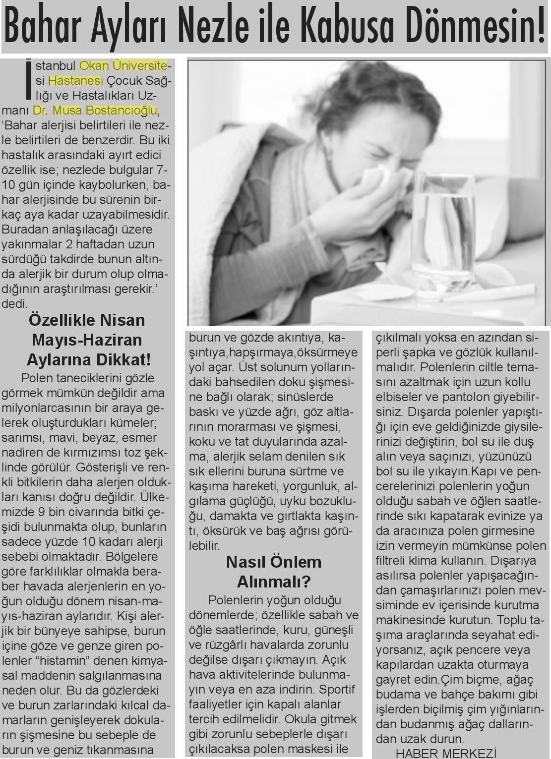 26.03.2019 Tribün Gazetesi BAHAR AYLARI NEZLE İLE KABUSA DÖNMESİN!