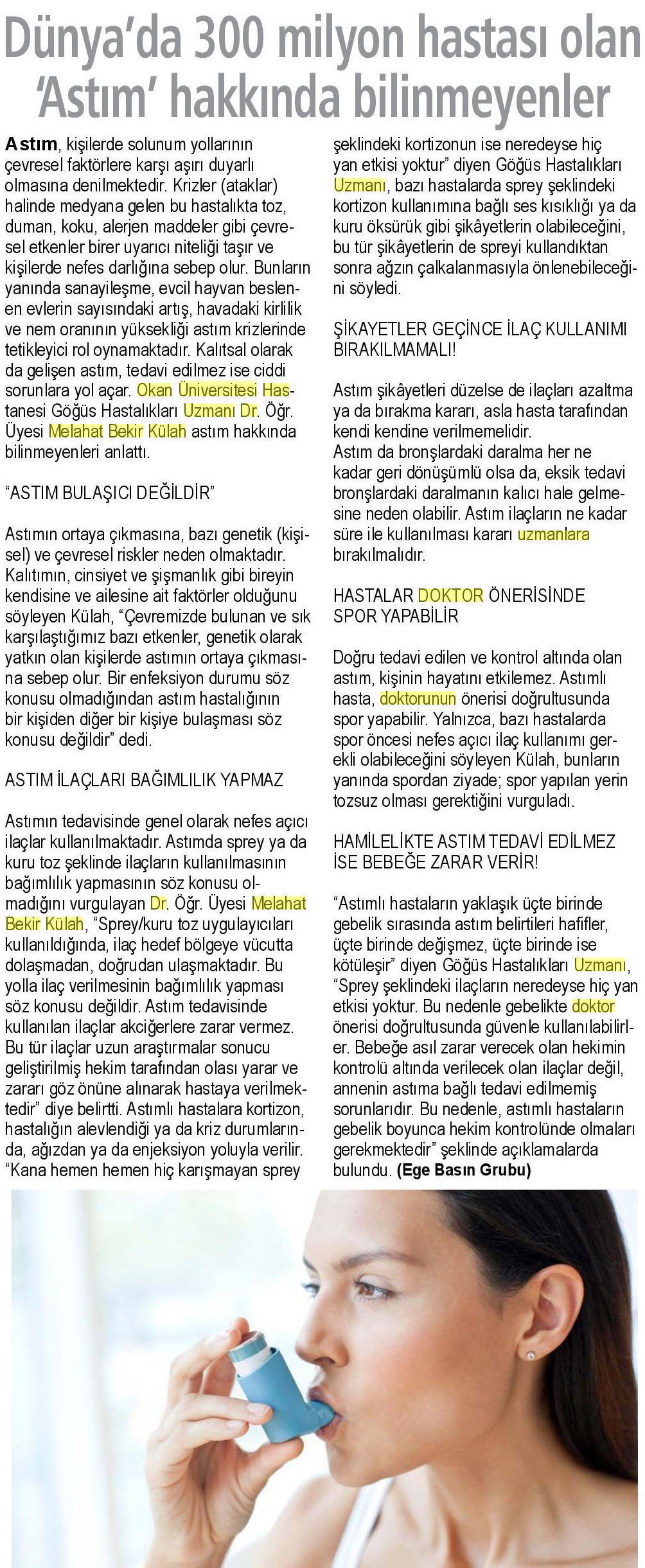 27.03.2019 Sağlık Gazetesi DÜNYA'DA 300 MİLYON HASTASI OLAN 'ASTIM' HAKKINDA BİLİNMEYENLER